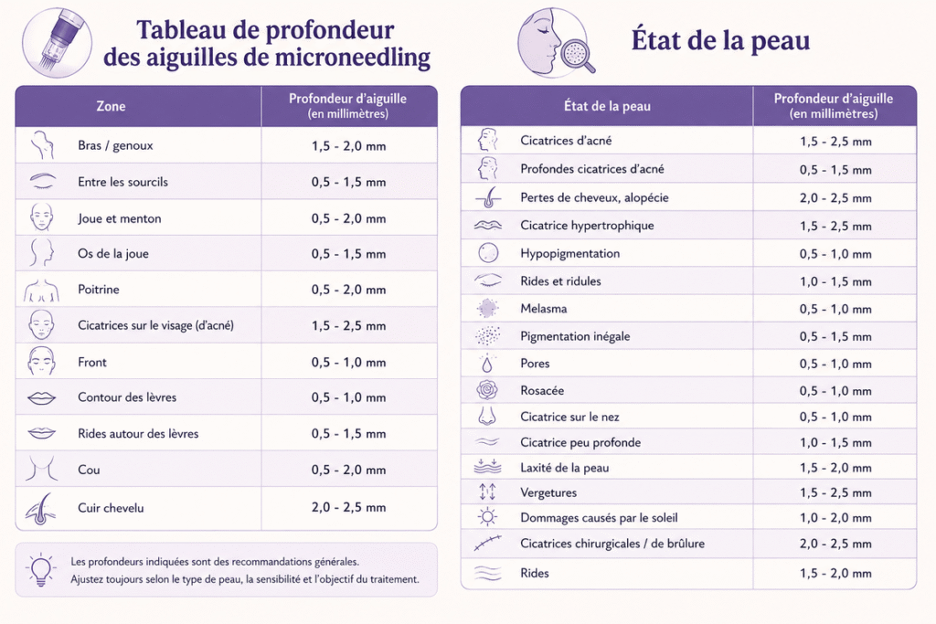 Tableau des aiguille microneedling